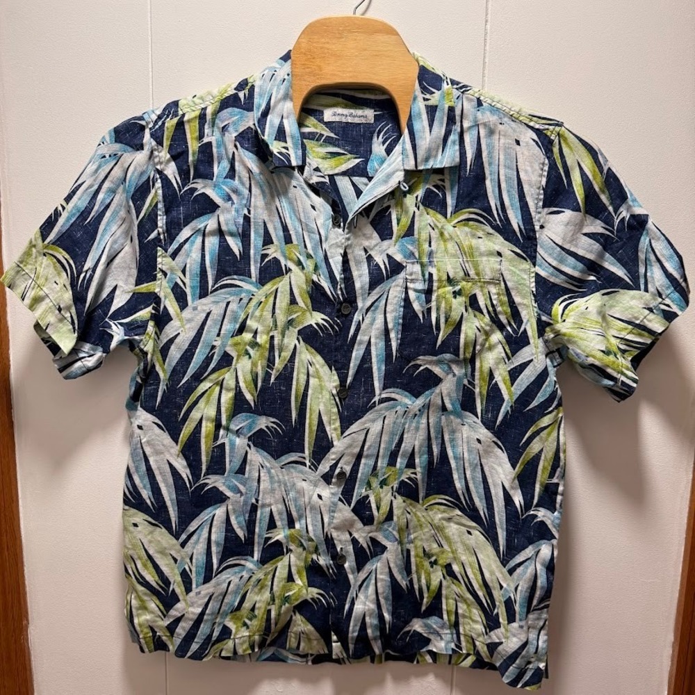 Tommy Bahama Mens Large Linen Tropical Palm Leaf Print Short Sleeve Camp Shirt